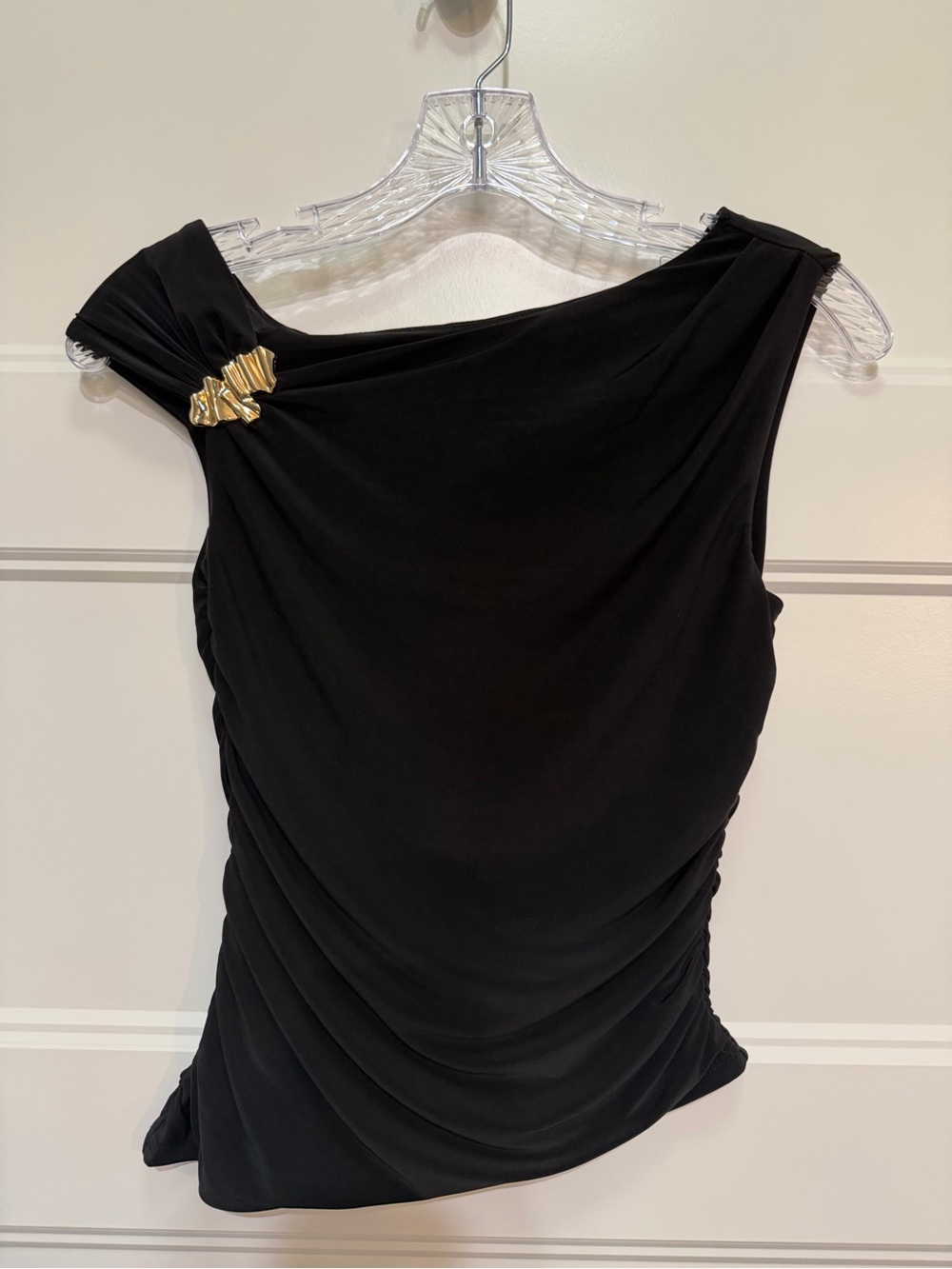 Moa Moa Black Ruched Asymmetrical One Shoulder Top Gold Detail Small